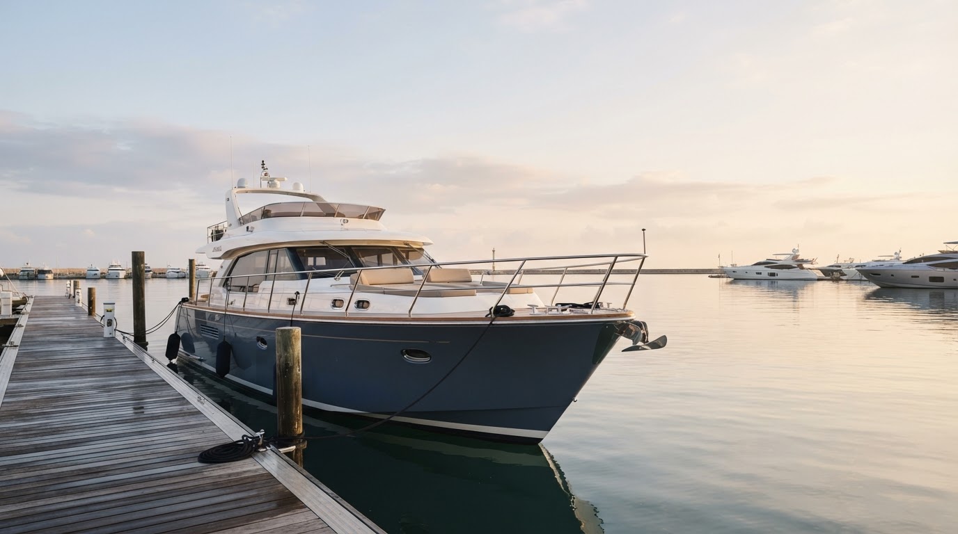 A 60 foot motor yacht moored alongside a wooden dock in calm morning light